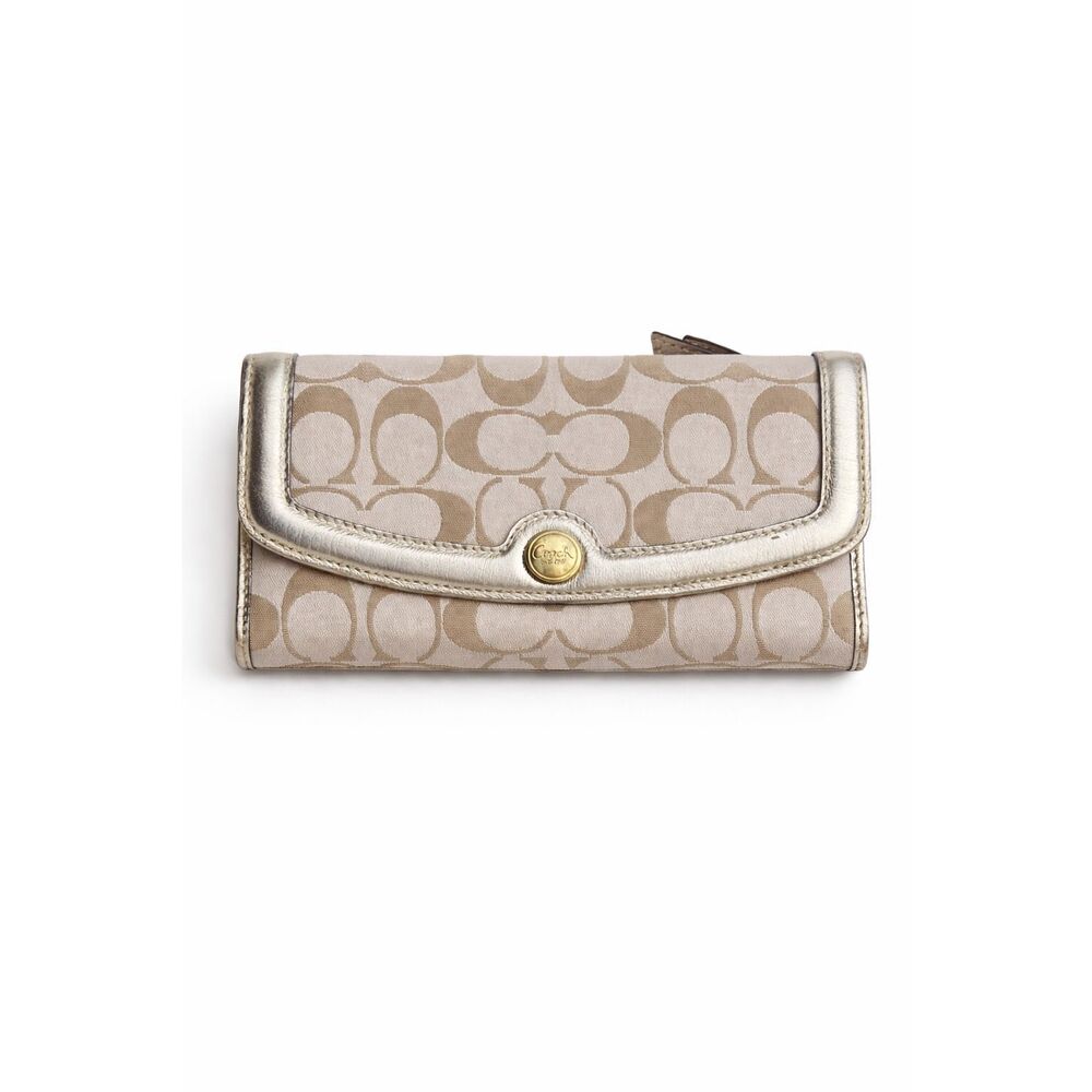 Coach Signature Canvas Wallet Gold Trim Long Wallet Beige Metallic Snap Closure